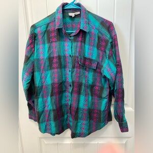 Chez T multicolored abstract tab sleeve button up. Size Large. Vintage